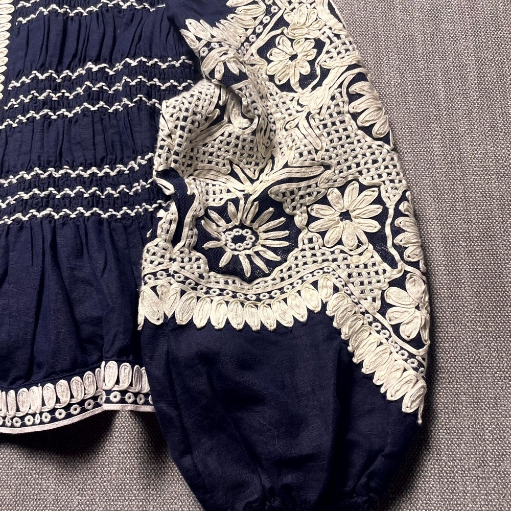 Veronica Beard Dorian Cropped Jacket Womens M Blue Floral Embroidery Smocked - Picture 4 of 11